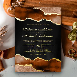 Invitación Con Relieve Metalizado Terracota Naranja Quemada Ágata Negro Boda Dorado