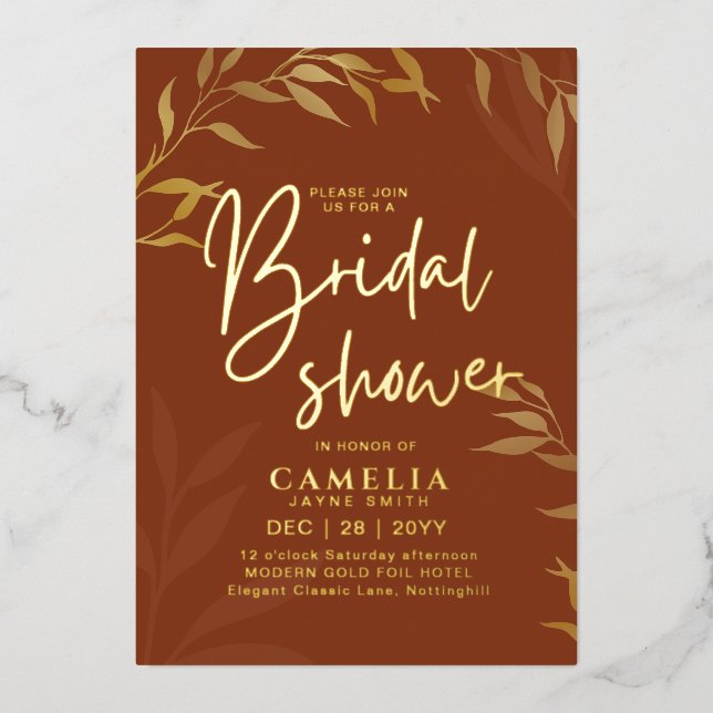 Invitación Con Relieve Metalizado Terracota Relieve metalizado dorado deja la DUCHA  (Anverso)