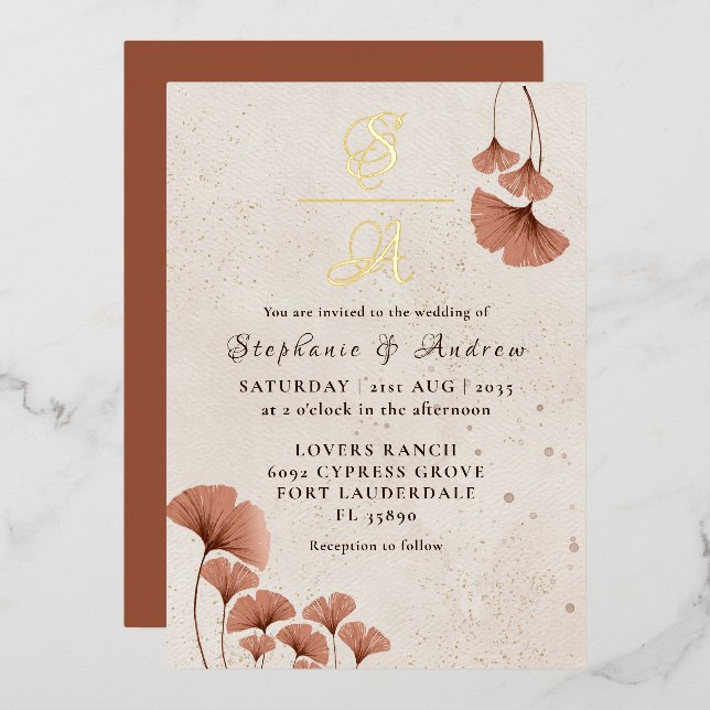 Invitación Con Relieve Metalizado Terracota rústica y Boda del Monograma de Oro Real (Anverso/Reverso)