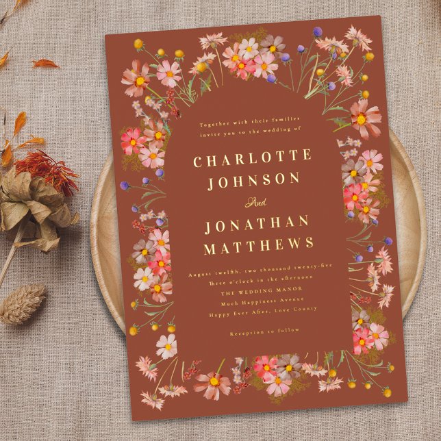 Invitación Con Relieve Metalizado Terracotta Boho Arco Floral Boda Boda Oro (Burnt orange terracotta boho floral arch elegant gold foil fall wedding invitation Watercolor flower)