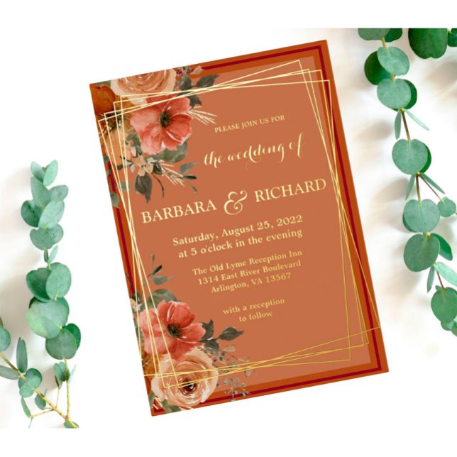 Invitación Con Relieve Metalizado Terracotta Boho Cae Acuarela Floral (Subido por el creador)