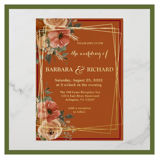 Invitación Con Relieve Metalizado Terracotta Boho Cae Acuarela Floral (Subido por el creador)