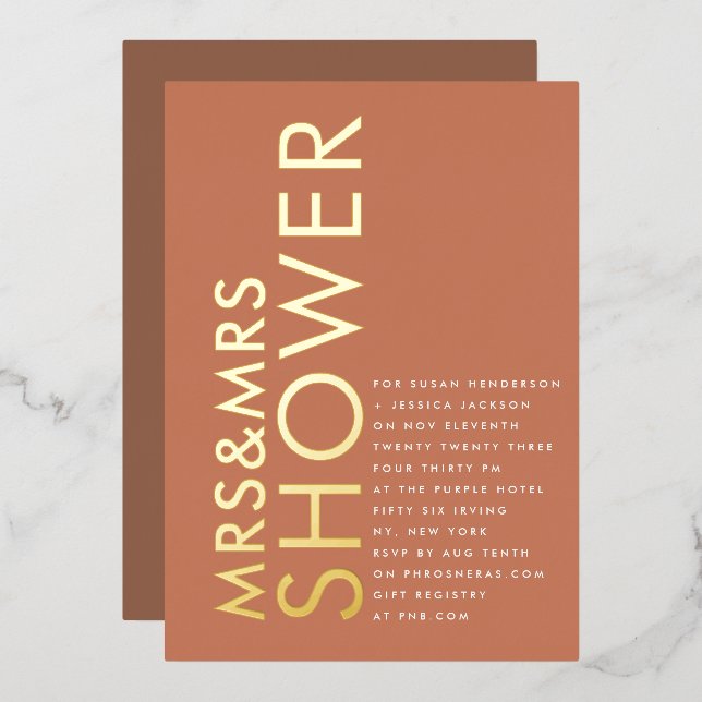 Invitación Con Relieve Metalizado Terracotta Boho Mrs & Mrs COUPLES Bridal Shower (Anverso/Reverso)