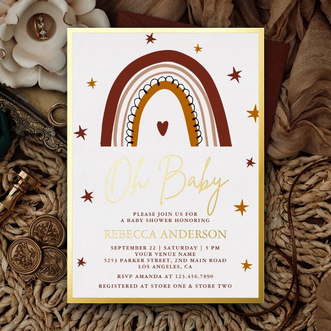 Invitación Con Relieve Metalizado Terracotta Boho Rainbow Baby Shower Gold (Subido por el creador)