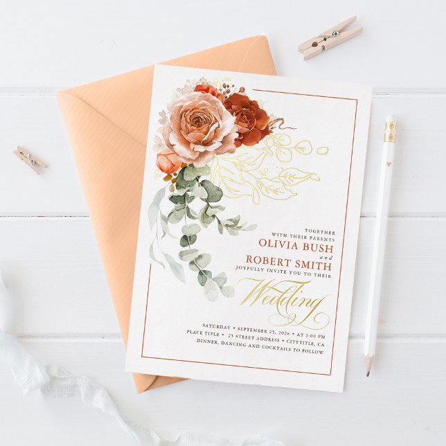 Invitación Con Relieve Metalizado Terracotta Burnt Orange Eucalyptus Floral Wedding  (Subido por el creador)