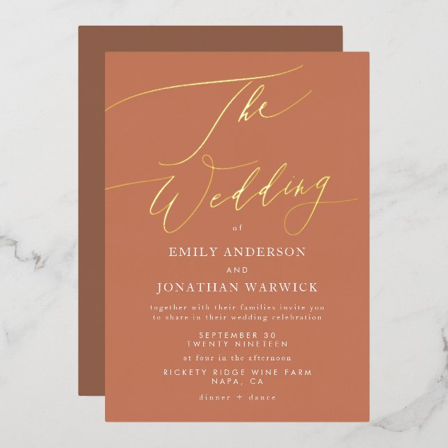 Invitación Con Relieve Metalizado Terracotta Dusty Naranja Elegant Boho Gold Boda (Anverso/Reverso)