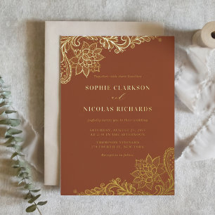 Invitación Con Relieve Metalizado Terracotta Elegante Boda Rústico del Palacio Antig