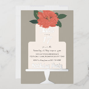 Invitación Con Relieve Metalizado Terracotta Floral Cake Fiesta de cumpleaños Silver