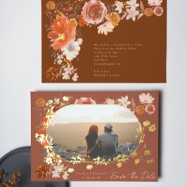 Invitación Con Relieve Metalizado Terracotta Floral Frame Photo Save The Date Gold