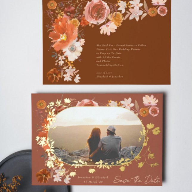 Invitación Con Relieve Metalizado Terracotta Floral Frame Photo Save The Date Gold (Subido por el creador)