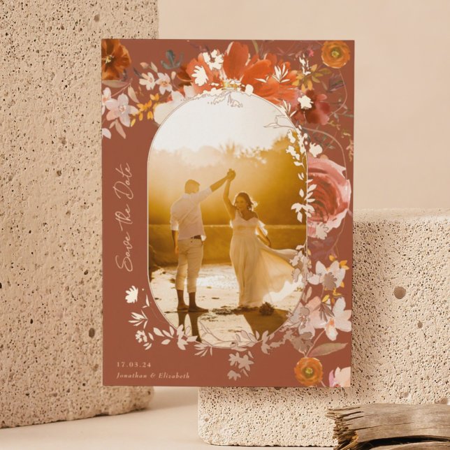 Invitación Con Relieve Metalizado Terracotta Floral Wedding Rose Photo Save The Date (Subido por el creador)