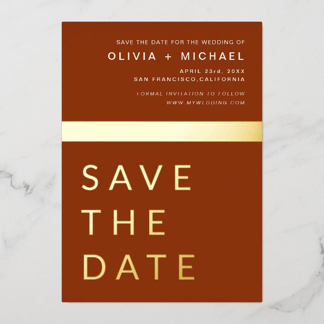 Invitación Con Relieve Metalizado Terracotta Gold Save the Date Elegant (Anverso)