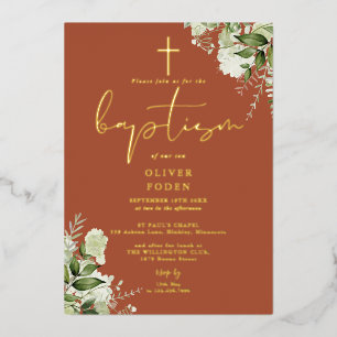 Invitación Con Relieve Metalizado Terracotta Greenery Monograma Baptismo Oro