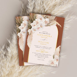Invitación Con Relieve Metalizado Terracotta Pampas Grass Floral Tropical Boda