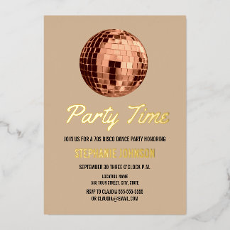 Invitación Con Relieve Metalizado Terracotta Retro 70s Bola de Discoteca Cumpleaños 