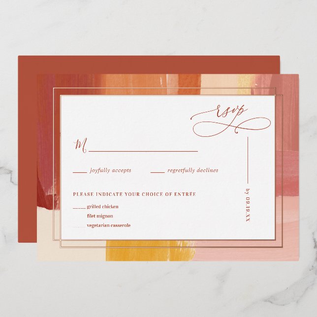 Invitación Con Relieve Metalizado Terracotta Sunrise | RSVP de boda (Anverso/Reverso)