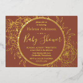 Invitación Con Relieve Metalizado Terracotta y Baby Shower Gold Moderno Peony Toile