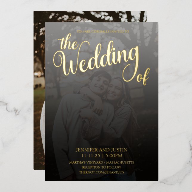 Invitación Con Relieve Metalizado Terrario moderno foto desvanecida boda dorado (Anverso/Reverso)