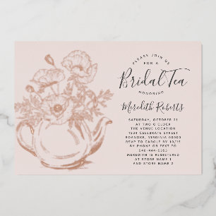 Invitación Con Relieve Metalizado Tetera floral de oro Rosa Rubor Té de novia rosa r