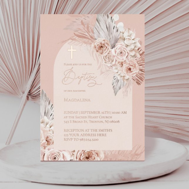 Invitación Con Relieve Metalizado texto de oro rosa Bautizo flores boho (Subido por el creador)