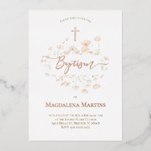 Invitación Con Relieve Metalizado texto de oro rosa Bautizo flores delicadas