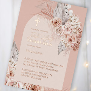 Invitación Con Relieve Metalizado texto de oro rosa Primera Comunión