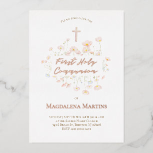 Invitación Con Relieve Metalizado texto de oro rosa Primera Comunión flores delicada