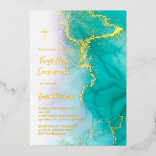 Invitación Con Relieve Metalizado texto de papel de oro Primera Comunión