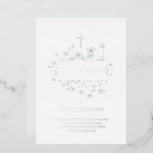 Invitación Con Relieve Metalizado texto de papel de plata Bautismo flores delicadas