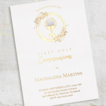 texto dorado y diseño Primera Comunión