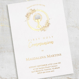 Invitación Con Relieve Metalizado texto dorado y diseño Primera Comunión