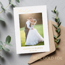 Invitación Con Relieve Metalizado Thank you wedding photo gold script white 