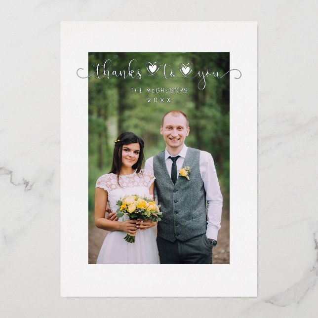 Invitación Con Relieve Metalizado Thanks Wedding Silver Heart Whimsical Script (Anverso)