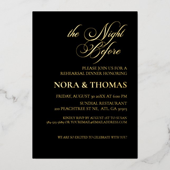 Invitación Con Relieve Metalizado The Night Before Rehearsal Dinner Invite Black (Anverso)