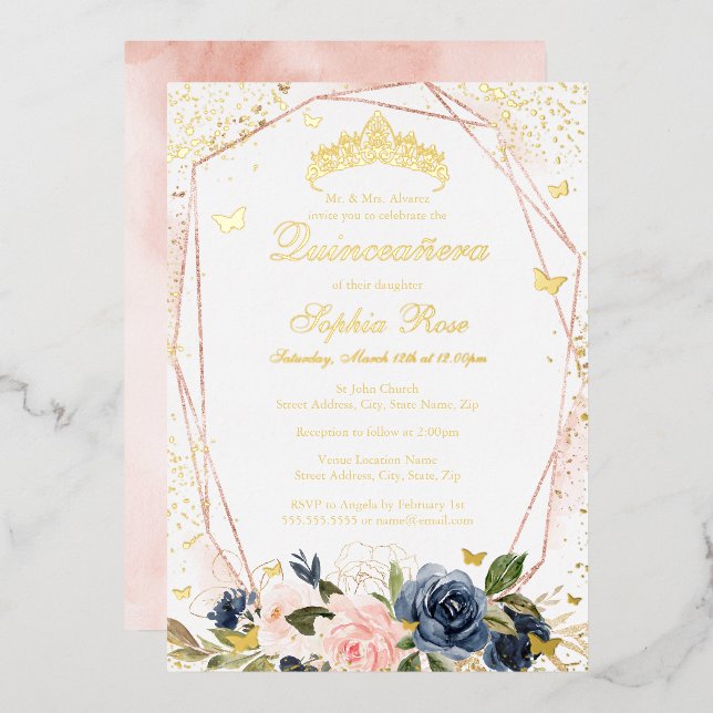 Invitación Con Relieve Metalizado Tiara Butterfly Floral Marina Rosa Quinceanera (Anverso/Reverso)