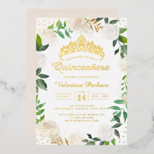 Invitación Con Relieve Metalizado Tiara de Corona Floral de Oro Quinceañera