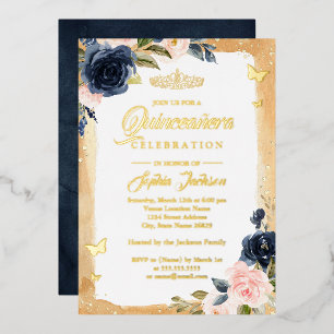 Invitación Con Relieve Metalizado Tiara de destellos florales dorados de la Marina p