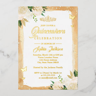 Invitación Con Relieve Metalizado Tiara de destellos florales para Quinceañera de or