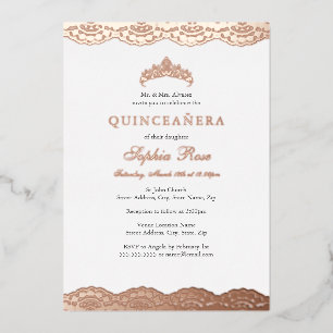 Invitación Con Relieve Metalizado Tiara de encaje de oro rosa Quinceanera de lámina