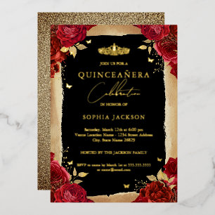 Invitación Con Relieve Metalizado Tiara de encaje de rosa roja dorada para Quinceañe