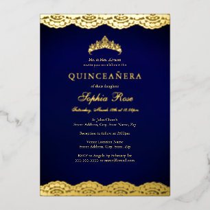 Invitación Con Relieve Metalizado Tiara de encaje dorado de la Marina Quinceañera de