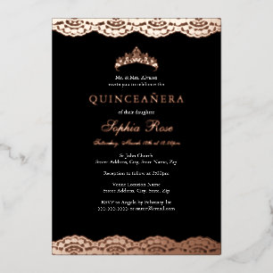 Invitación Con Relieve Metalizado Tiara de encaje negro de oro rosa Quinceanera de l