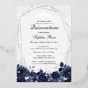 Invitación Con Relieve Metalizado Tiara de flores de brillo plateado de la Marina pa