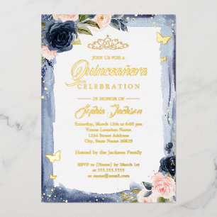 Invitación Con Relieve Metalizado Tiara de Foil Floral Rosa Marina para Quinceañera