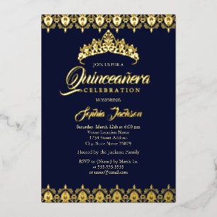Invitación Con Relieve Metalizado Tiara de hoja de oro Quinceanera Azul Marino