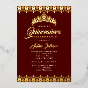 Invitación Con Relieve Metalizado Tiara de lámina de oro Quinceañera Borgoña