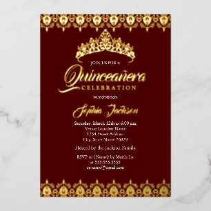 Invitación Con Relieve Metalizado Tiara de lámina dorada Quinceañera Borgoña