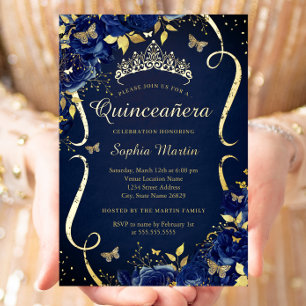 Invitación Con Relieve Metalizado Tiara de Mariposa Floral de Oro de la Marina Real 