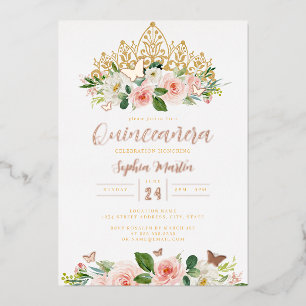 Invitación Con Relieve Metalizado Tiara de Mariposa Floral de Oro Rosa Quinceañera