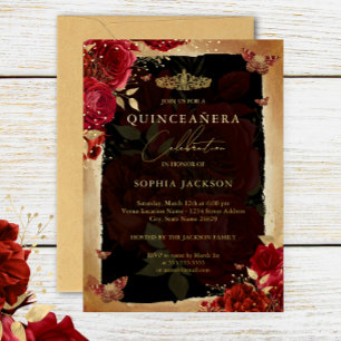 Invitación Con Relieve Metalizado Tiara de mariposa floral de oro rosa roja Quincean